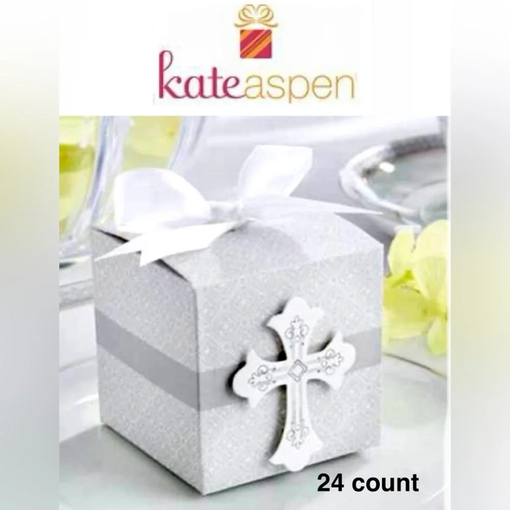 KATE ASPEN religious cross designed Favor Boxes 24 ct size 2 1/8” per side NWT